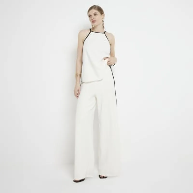 Cream Taped Wide Leg Trousers sold by River Island