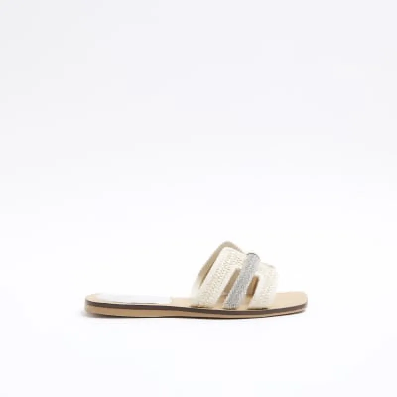 Beige raffia diamante flat sandals sold by River Island