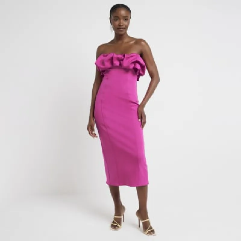 Pink bandeau bodycon midi dress sold by River Island