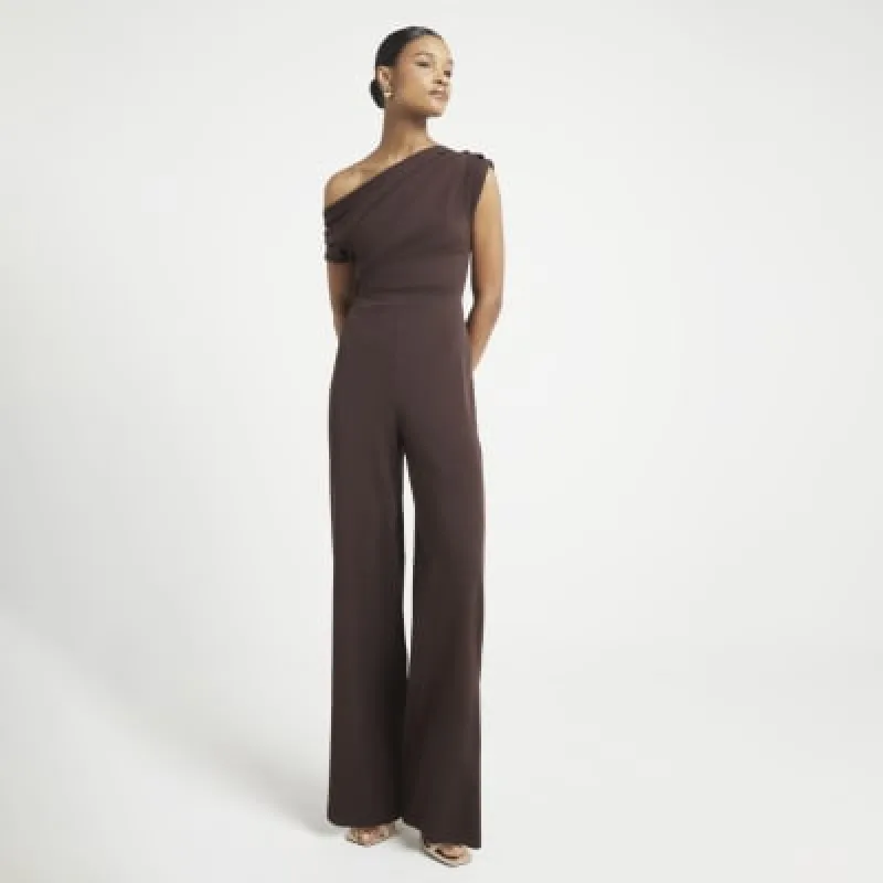 Brown Off Shoulder Drape Jumpsuit sold by River Island