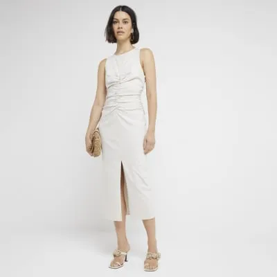 Beige Ruched Detail Midi Dress sold by River Island