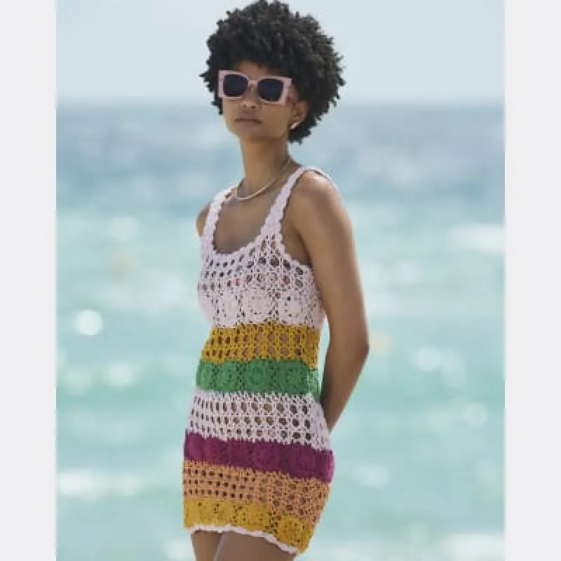 Pink crochet stripe beach mini dress sold by River Island