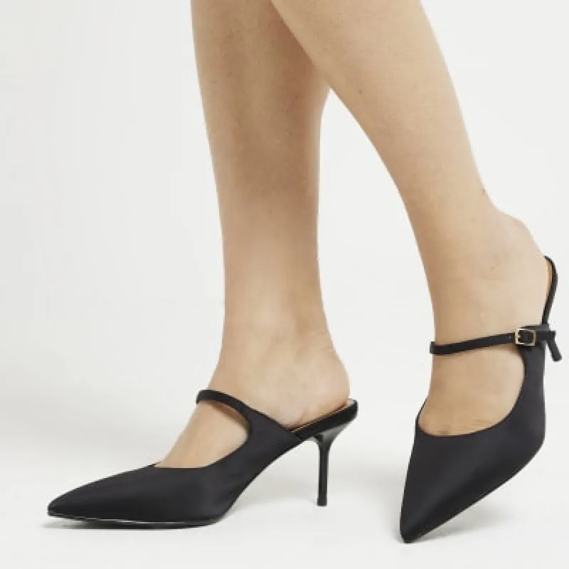 Black satin mary jane heeled mule shoes made by River Island