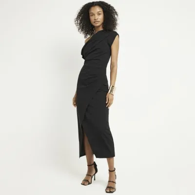 Black drape off shoulder bodycon midi dress sold by River Island