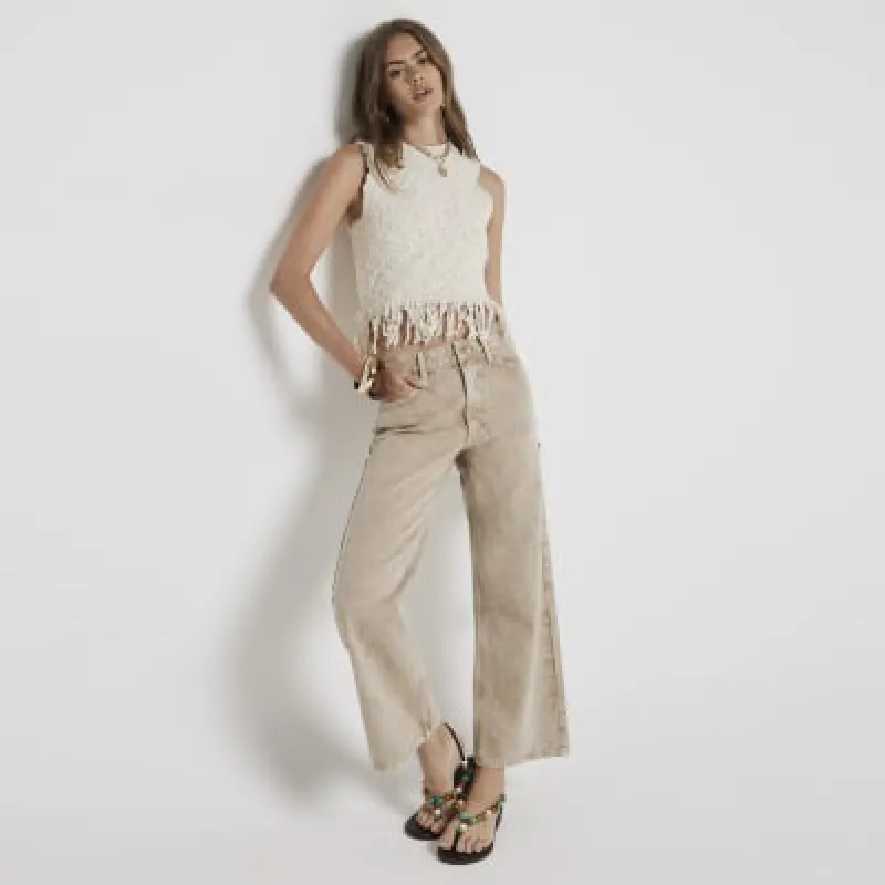 Beige relaxed straight cropped jeans sold by River Island