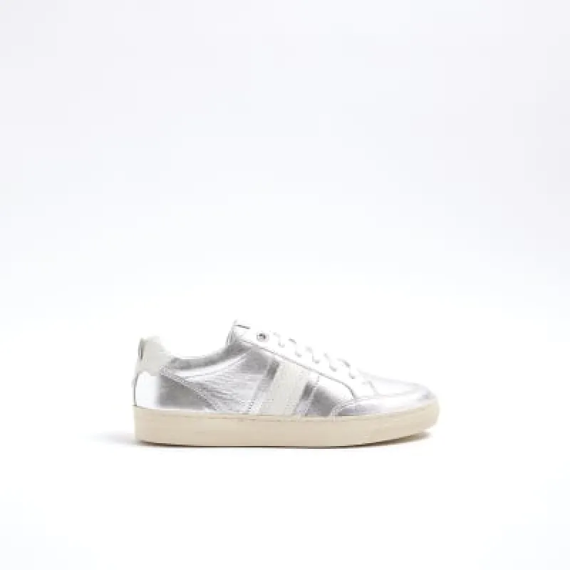Silver leather lace up trainers sold by River Island