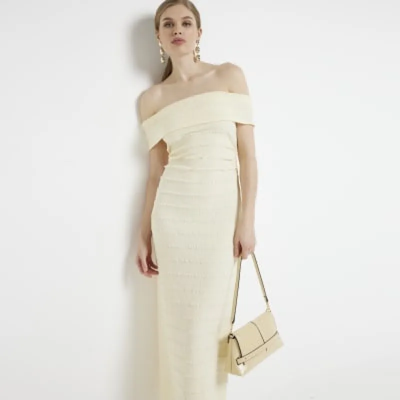Yellow textured bardot bodycon maxi dress sold by River Island