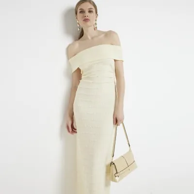 Yellow textured bardot bodycon maxi dress sold by River Island