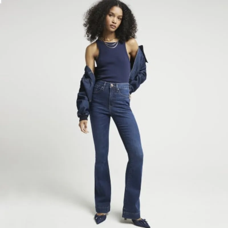 Blue high waisted flare jeans made by River Island