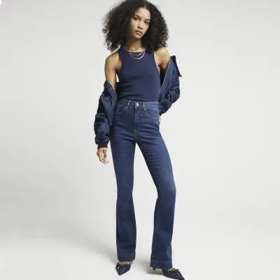 Blue high waisted flare jeans sold by River Island