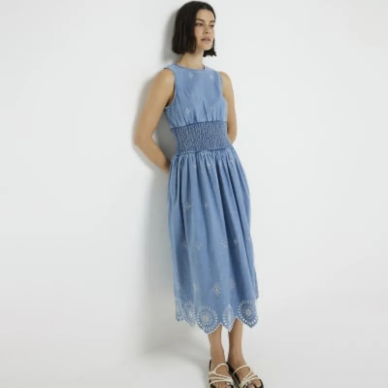 Blue denim broderie skater midi dress sold by River Island