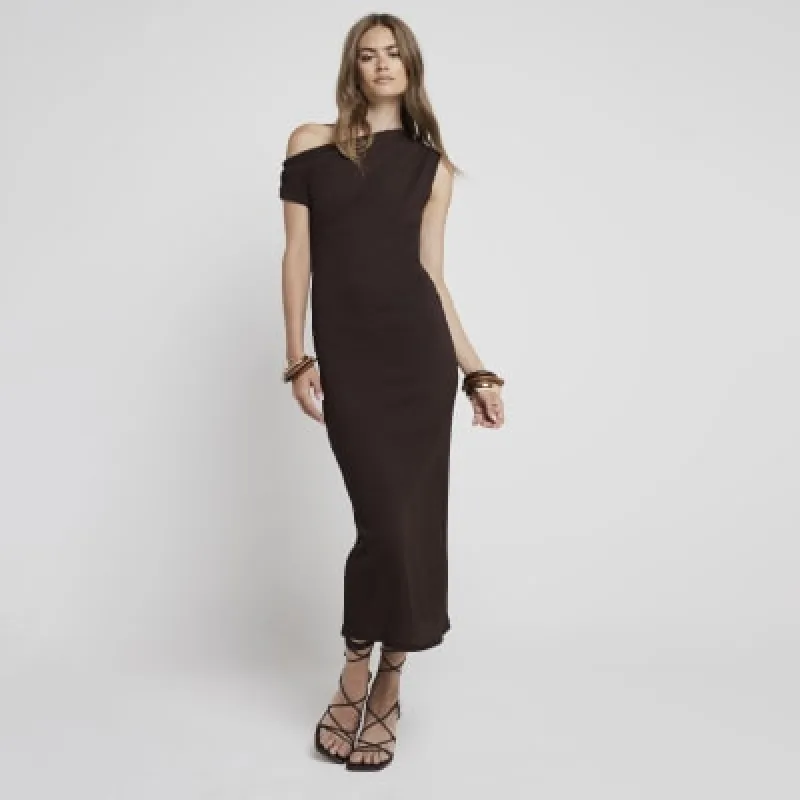 Brown Drape Off Shoulder Bodycon Midi Dress sold by River Island
