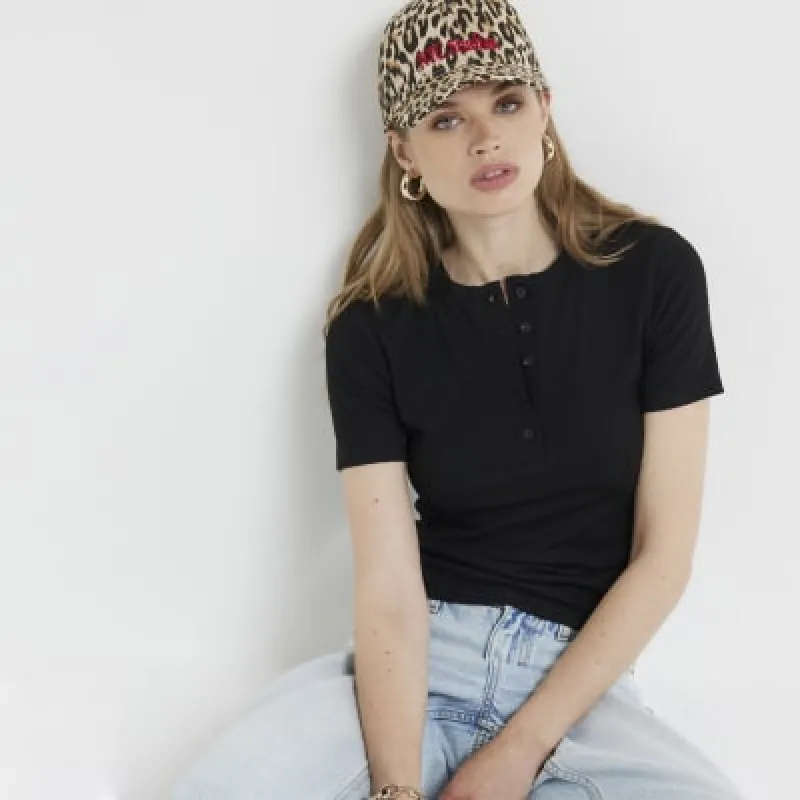 Black ribbed button t-shirt sold by River Island