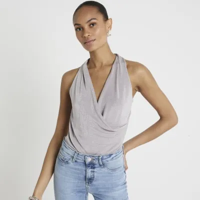 Silver drape wrap bodysuit sold by River Island