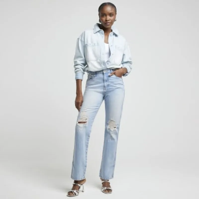 Blue high waisted ripped stove straight jeans sold by River Island