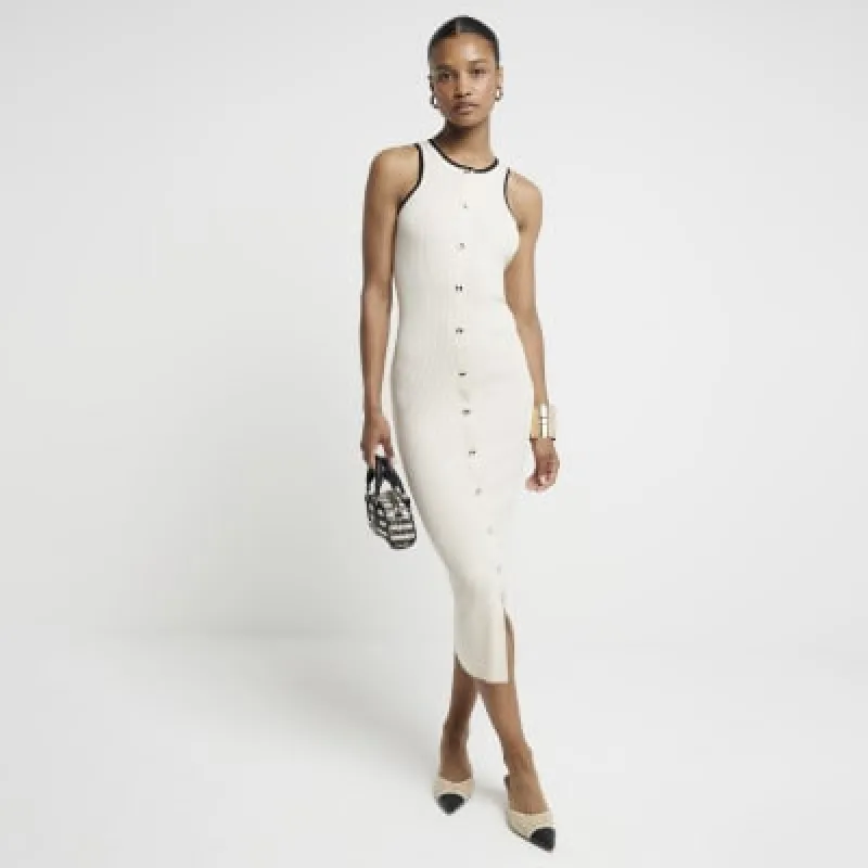 Cream ribbed taped bodycon midi dress sold by River Island