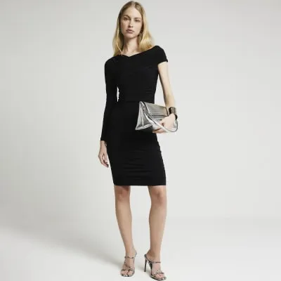 Black ruched asymmetric bodycon mini dress sold by River Island