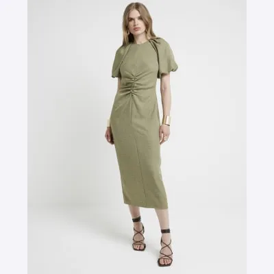Khaki puffed sleeves ruched midi dress sold by River Island