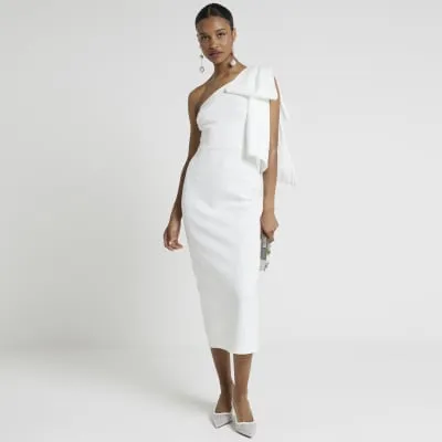White one shoulder bow bodycon midi dress sold by River Island
