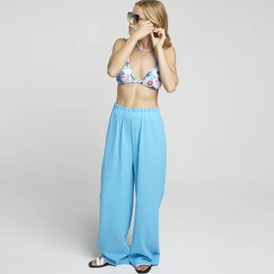 Blue linen blend wide leg trousers sold by River Island