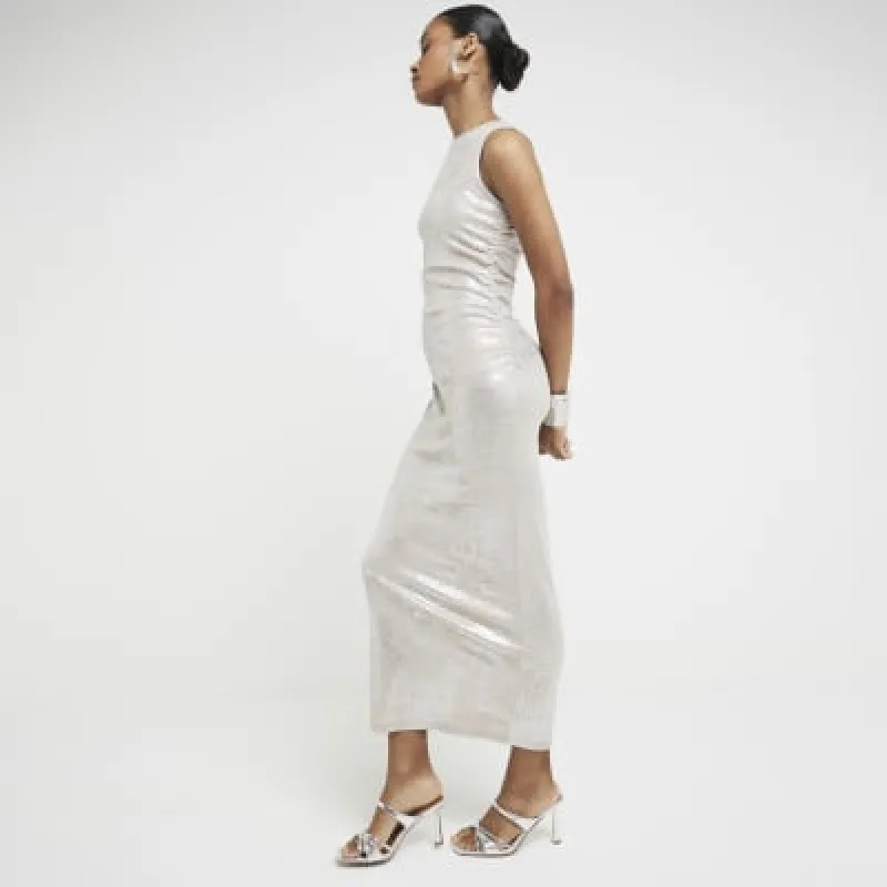Beige foil ruched bodycon midi dress sold by River Island