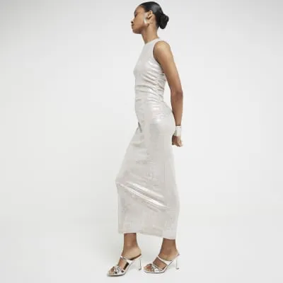 Beige foil ruched bodycon midi dress sold by River Island