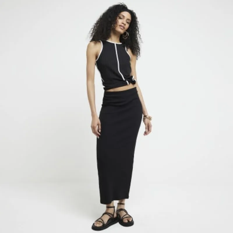 Black ribbed taped tank top sold by River Island