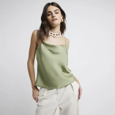 Khaki Satin Cowl Neck Cami Top sold by River Island