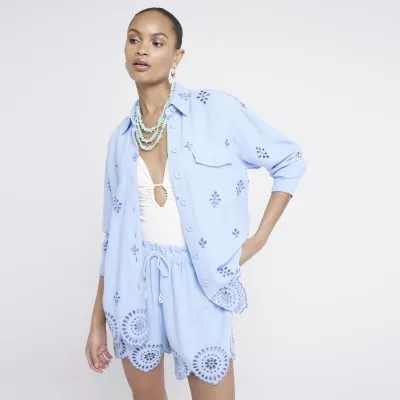 Blue Linen Blend Broderie Detail Shirt sold by River Island