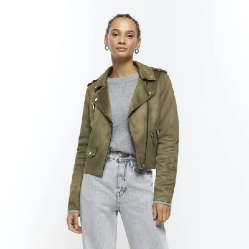 Khaki suedette crop biker jacket sold by River Island