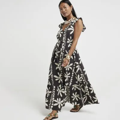 Petite Brown Floral Frill Swing Midi Dress sold by River Island