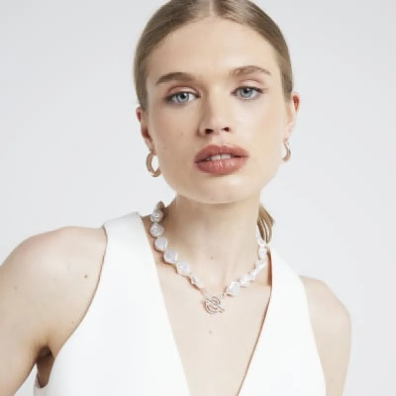 Silver Pearl T Bar Necklace sold by River Island