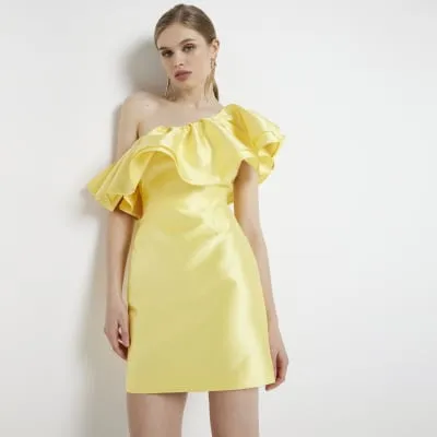 Yellow frill asymmetric bodycon mini dress sold by River Island