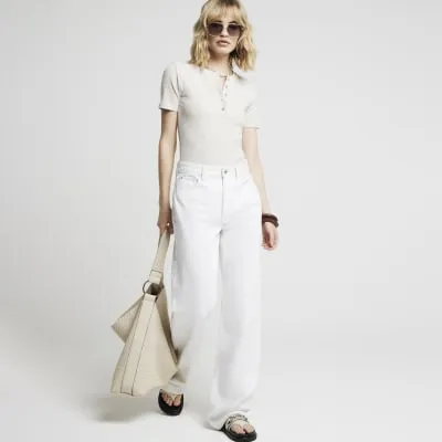 Beige crew neck button down bodysuit sold by River Island