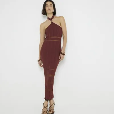 Brown knitted knot front bodycon midi dress sold by River Island