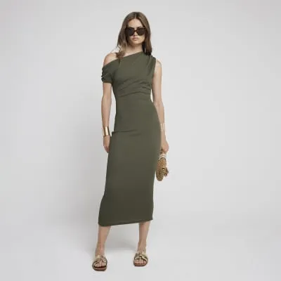 Khaki Drape Off Shoulder Bodycon Midi Dress sold by River Island