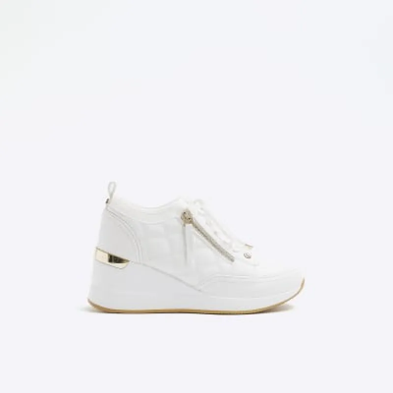 White Quilted Side Zip Wedge Trainers sold by River Island