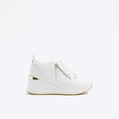 White Quilted Side Zip Wedge Trainers sold by River Island