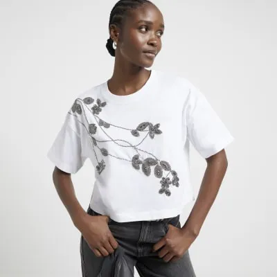 Beige floral embellished t-shirt sold by River Island