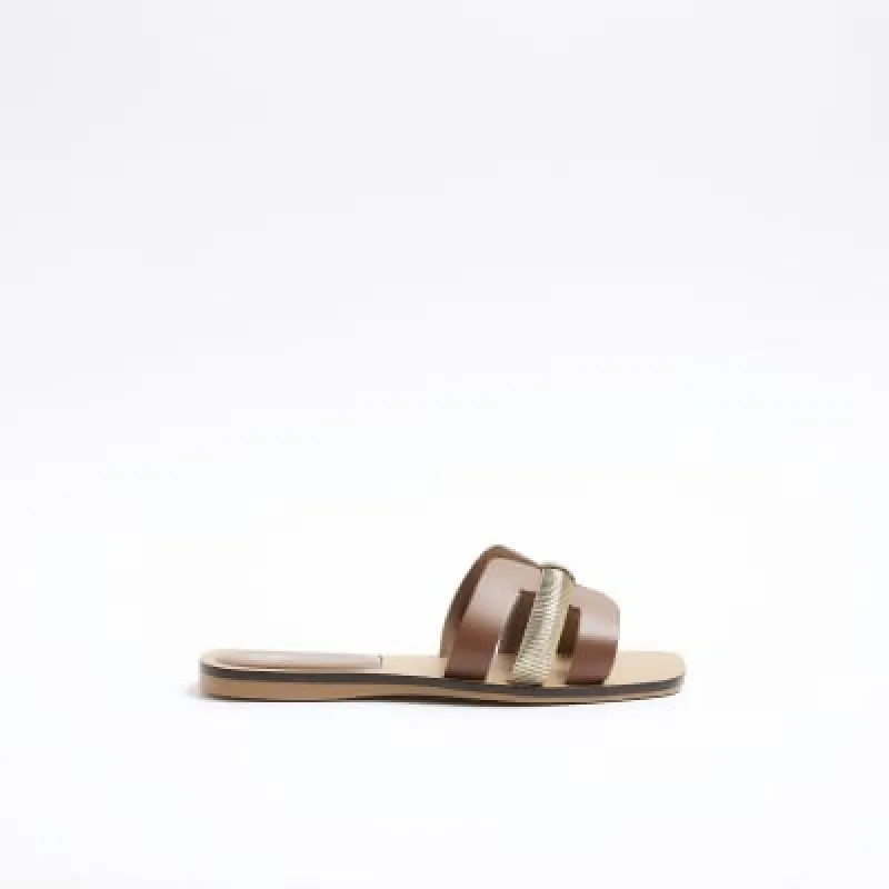 Brown Wide Fit Leather Flat Sandals sold by River Island
