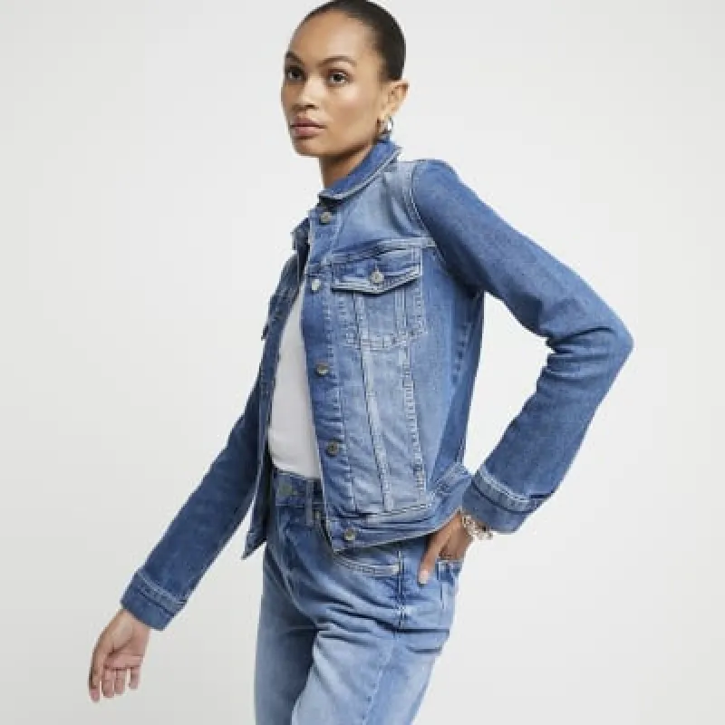 Blue Fitted Denim Trucker jacket sold by River Island