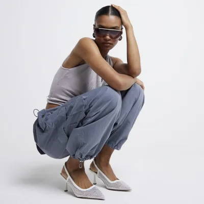 White mesh diamante heeled court shoes sold by River Island