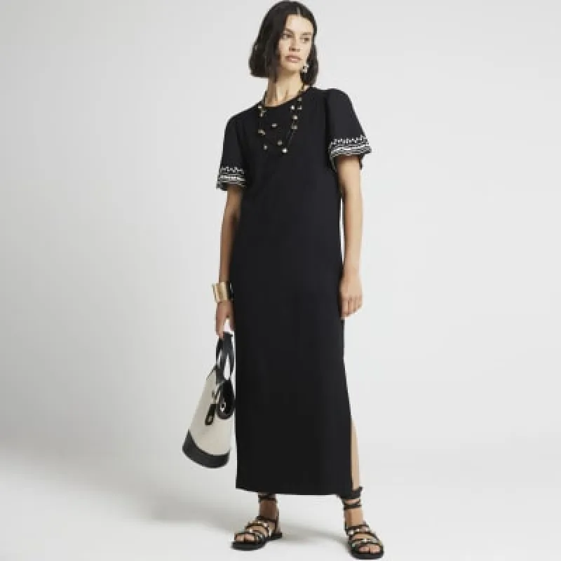 Black embroidered sleeve t-shirt midi dress sold by River Island
