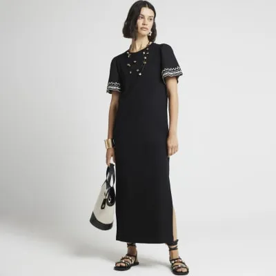 Black embroidered sleeve t-shirt midi dress sold by River Island