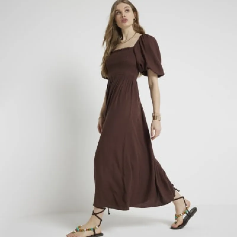 Brown Puff Sleeve Smock Midi Dress sold by River Island