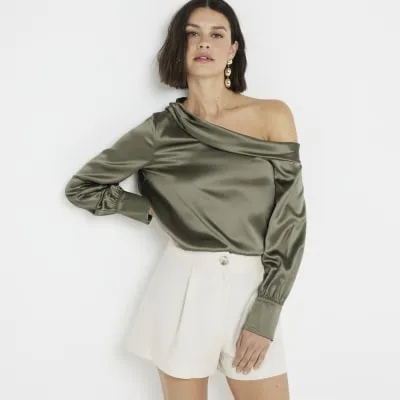 Khaki Satin Off Shoulder Blouse sold by River Island