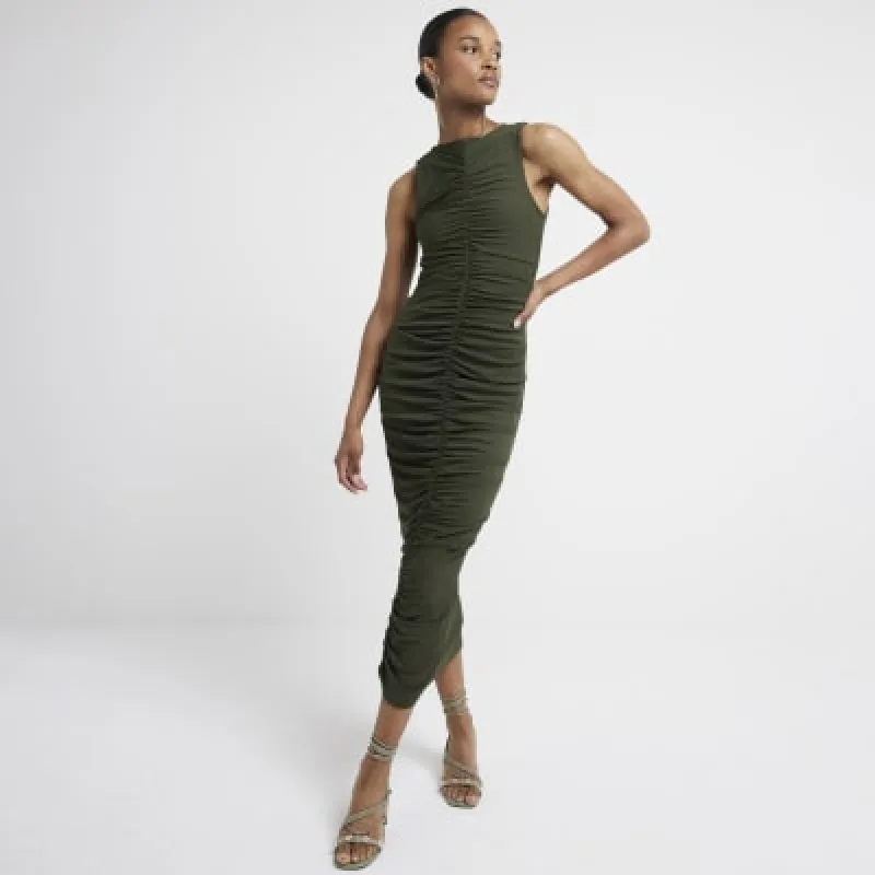 Khaki Ruched Mesh Midi Dress sold by River Island