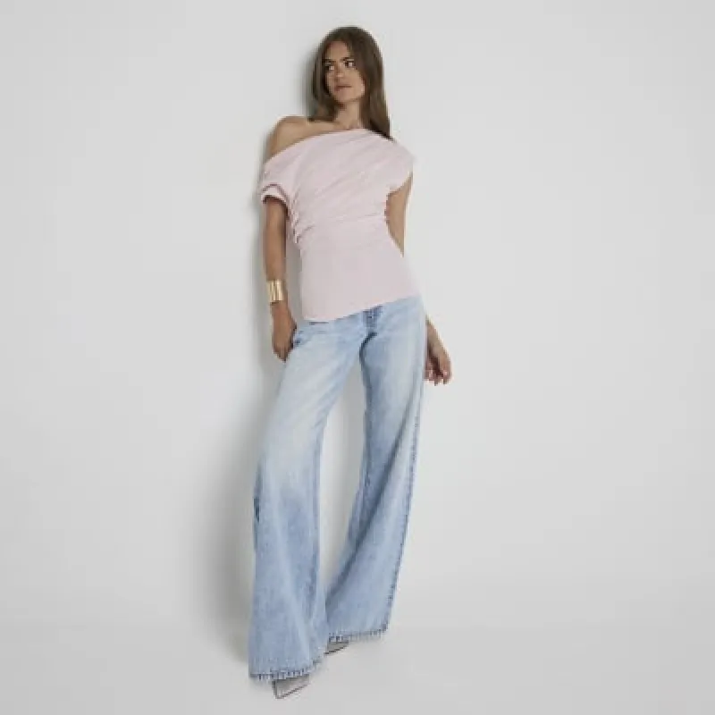 Pink Off Shoulder Drape Top sold by River Island