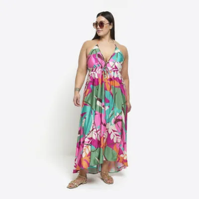 Plus purple floral open back beach maxi dress sold by River Island