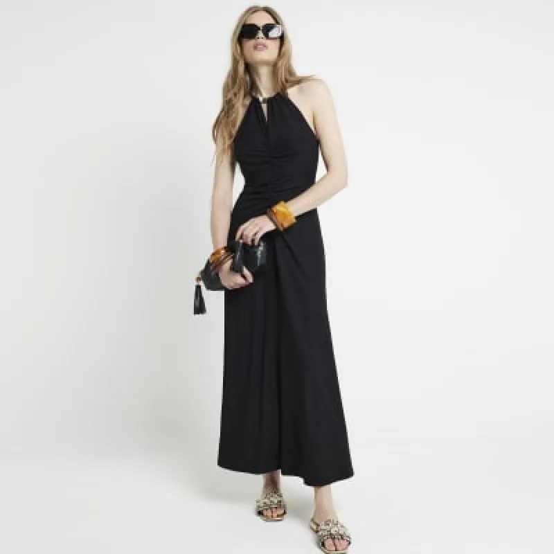 Black ruched halter neck bodycon maxi dress sold by River Island